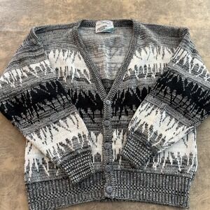 Vintage Cardigan Sweater Men's M UNIFORM CODE Grayscale Retro Grandpa